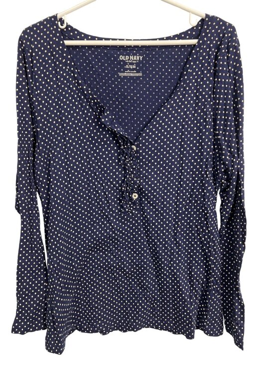 Old Navy Tops - Old Navy Polka Dot Ruffle Henley Shirt Womens XL Navy Blue White Nautical Office